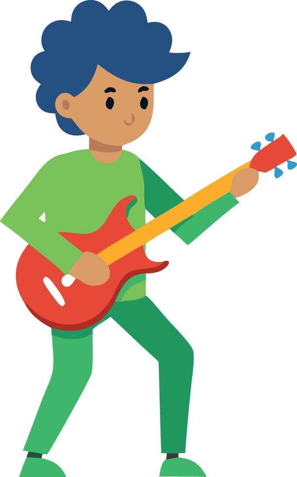 A boy playing an electric guitar, enjoying music and performing with passion and enthusiasm. vector
