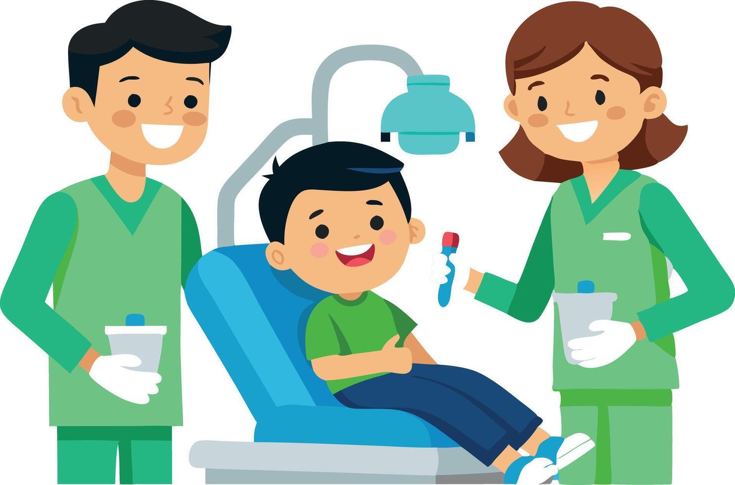 Illustration of a dentist with a child in a dental chair isolated on white background vector