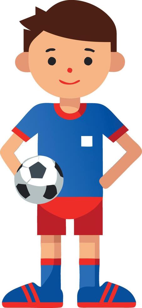 A boy wearing a soccer uniform, holding a soccer ball, ready to play and showing his passion for sports. vector