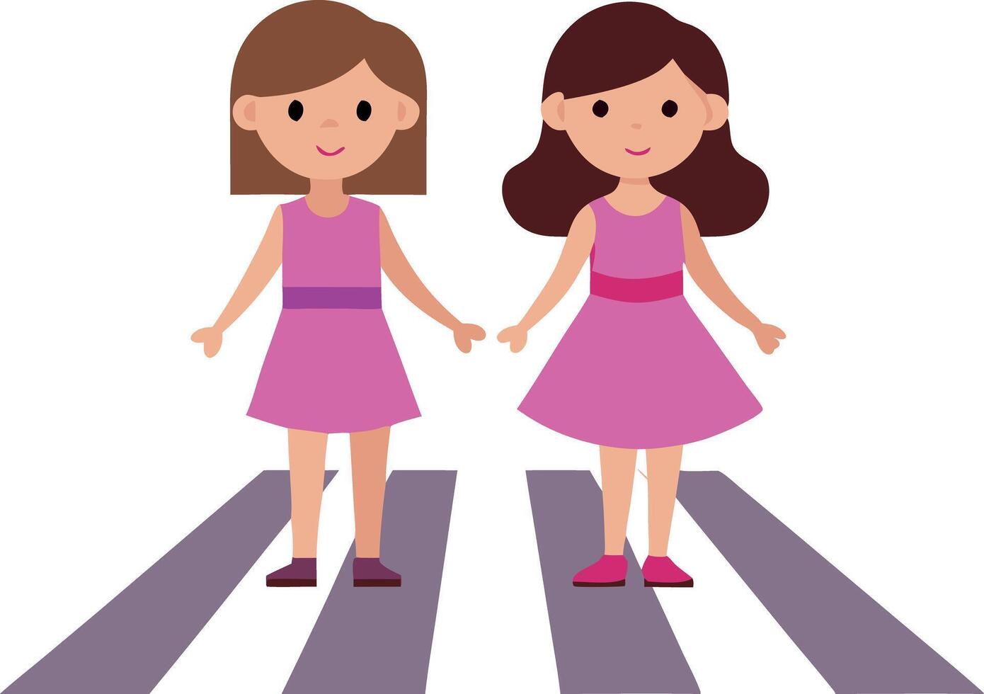 Two girls standing together, holding hands and wearing matching dresses, showcasing friendship vector