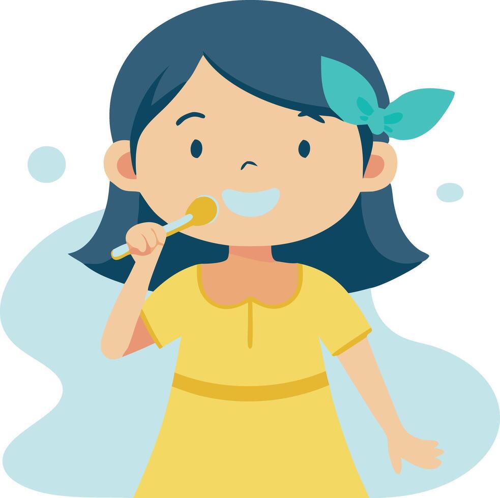 Young woman cleaning teeth using brush vector