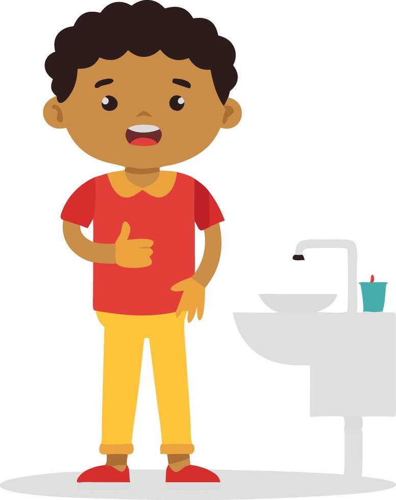 Boy giving a thumbs up while standing by a sink vector