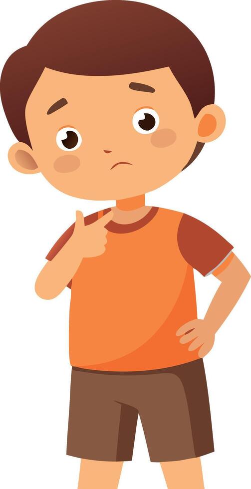 Cartoon illustration of a boy with a confused expression, wearing an orange shirt. vector