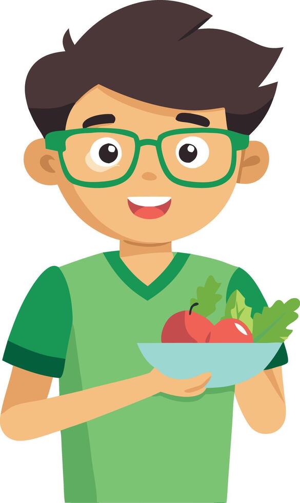 Boy holding a bowl of fresh vegetables isolated on white background vector