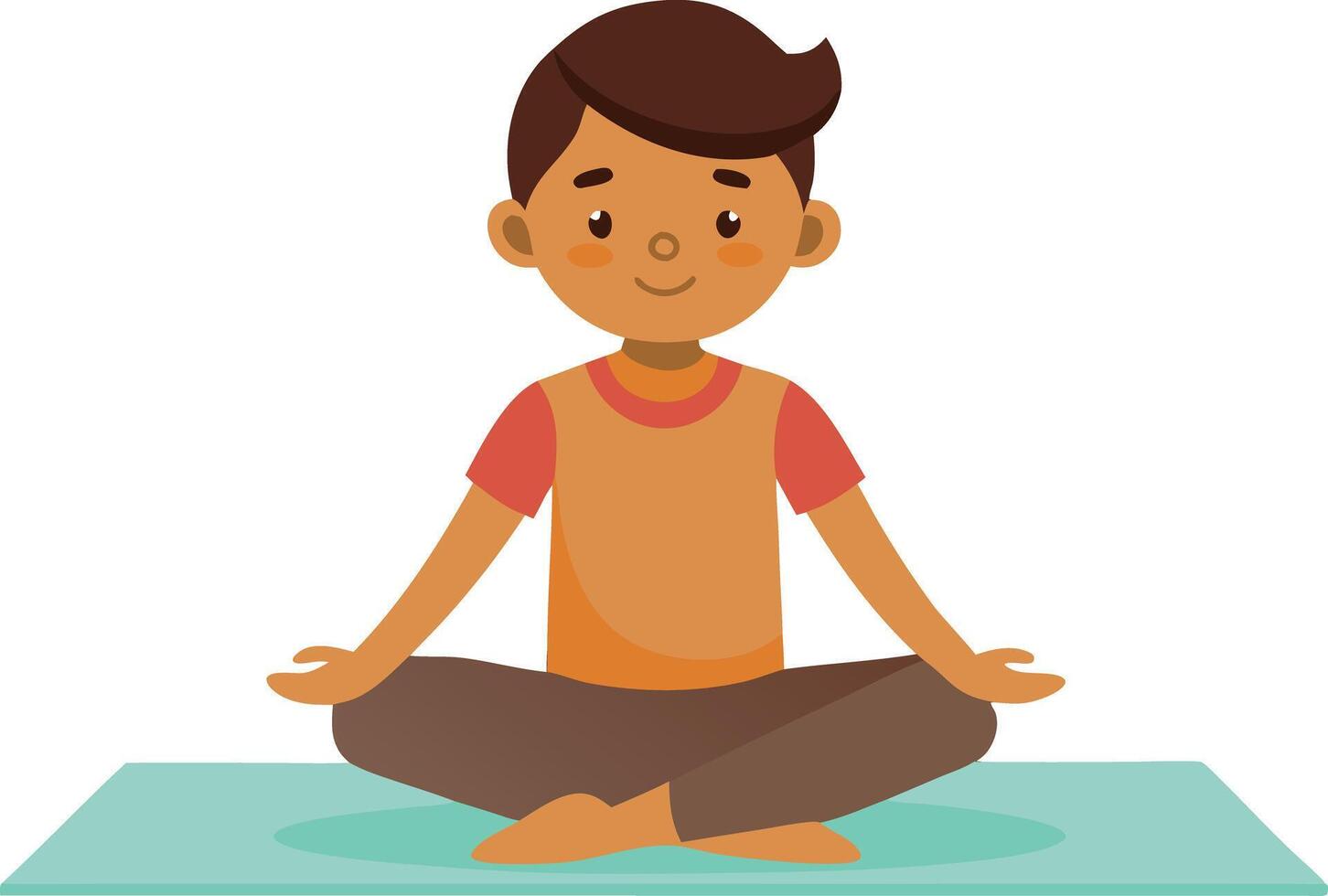 Cartoon illustration of a boy meditating in a lotus pose with a calm expression. vector