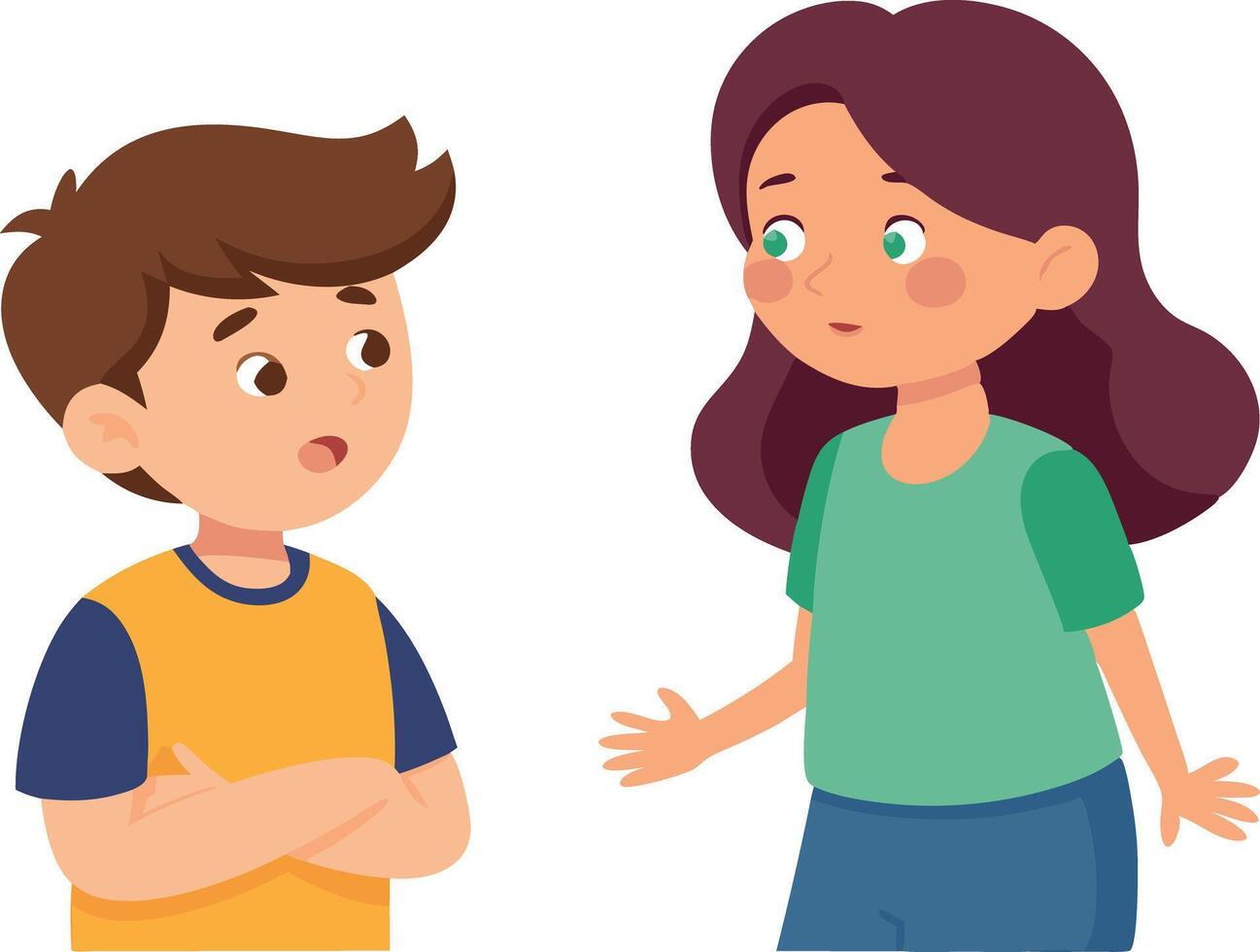 A boy and a girl standing and talking to each other, with concerned expressions, discussing something serious. vector