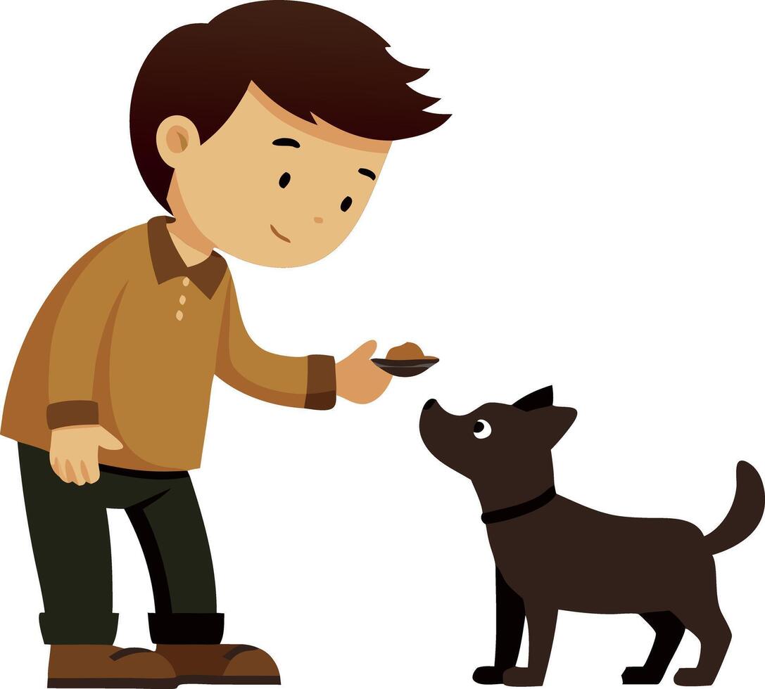 Illustration of a boy feeding a black dog isolated on white background vector