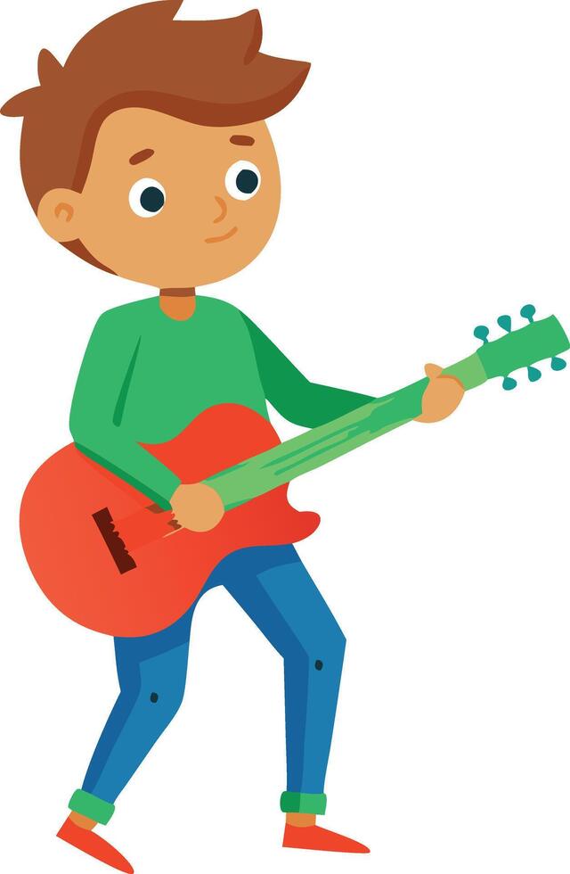 A young boy playing guitar, enjoying music and showing creativity through his musical talent. vector
