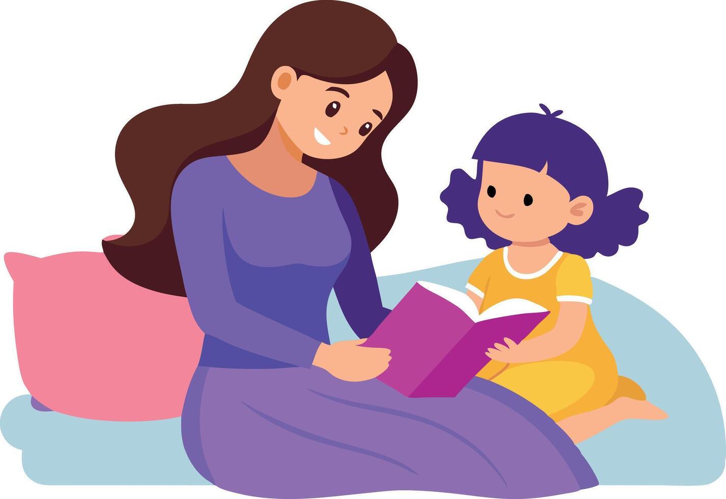 Woman reading book to child on bed vector
