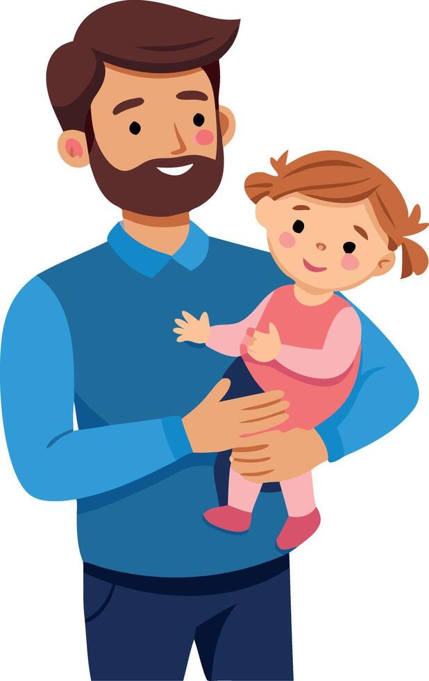 A bearded father holding his daughter, both smiling and having a joyful moment. vector