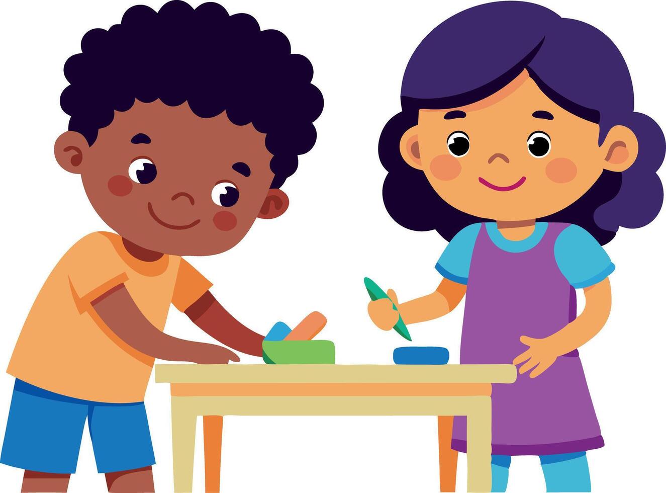 Two kids preparing food together, demonstrating teamwork and joy in the kitchen. The illustration emphasizes the fun and learning aspect of cooking. vector