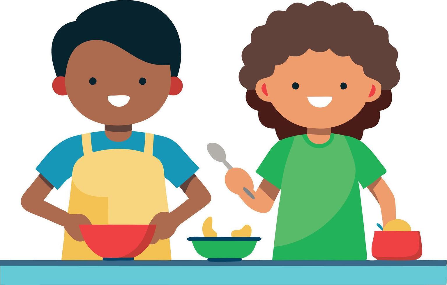 Two kids in the kitchen mixing ingredients in bowls. The image highlights the process of cooking and the involvement of children in culinary activities. vector