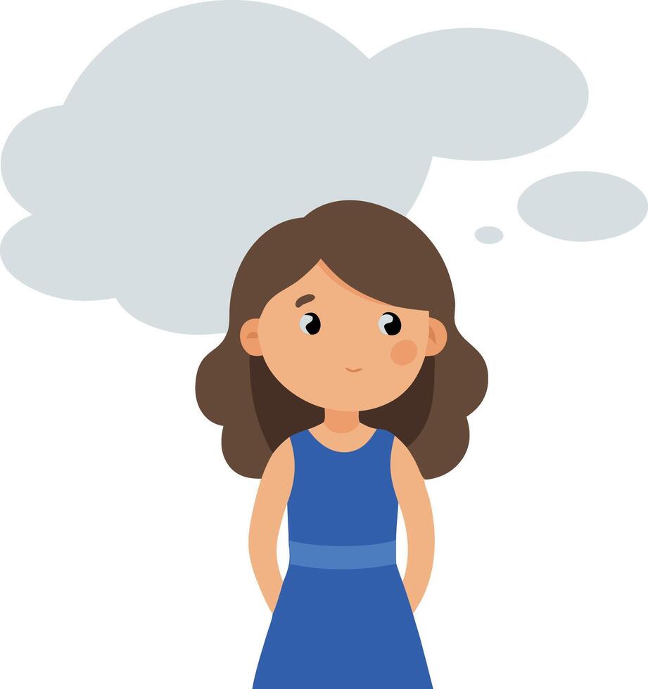 Illustration of a young girl thinking with a thought bubble above her head, expressing contemplation vector