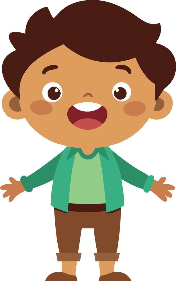 A cheerful boy in a green shirt, standing with arms outstretched, expressing excitement and joy. vector