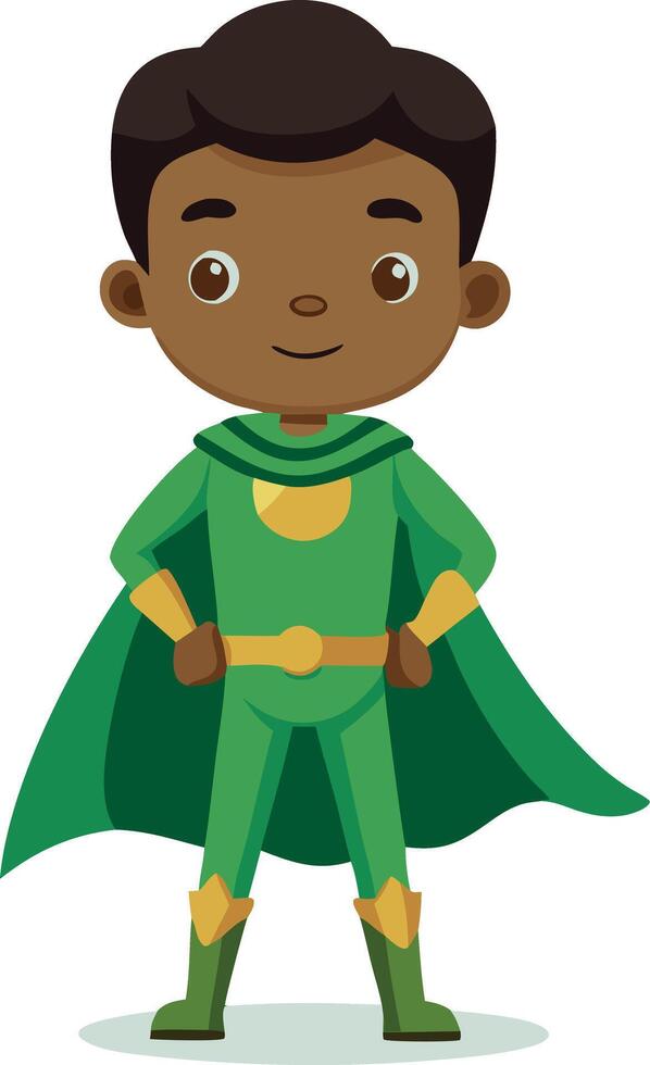 Young boy in superhero costume standing confidently. Great for themes related to imagination, play, and childhood empowerment. Lively illustration of a child as a superhero. vector