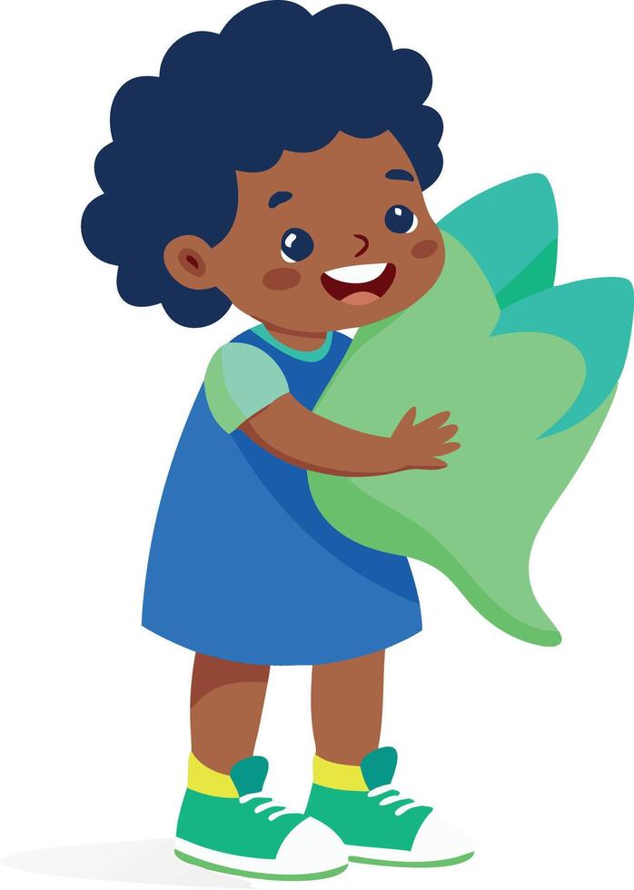 An illustration of a child holding a large green leaf. The child is smiling and wearing a blue outfit, making this image suitable for nature-themed educational content and children's activities. vector