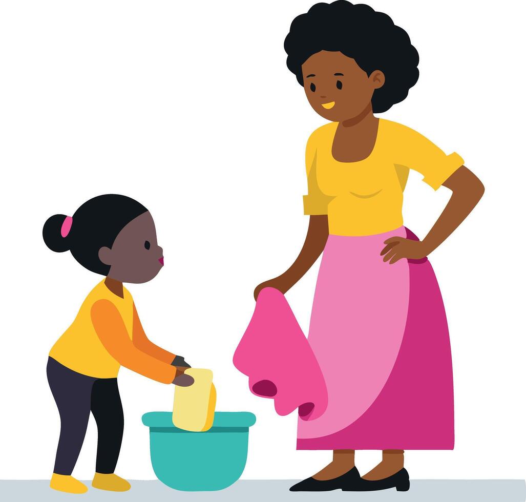 Illustration of a mother helping her daughter with a task, showcasing nurturing and supportive parent-child interaction. vector