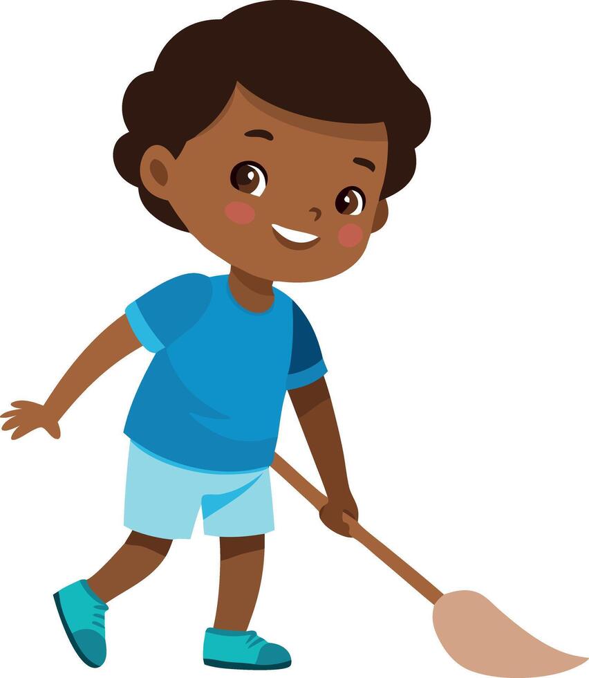 A charming illustration of a child sweeping the floor. vector
