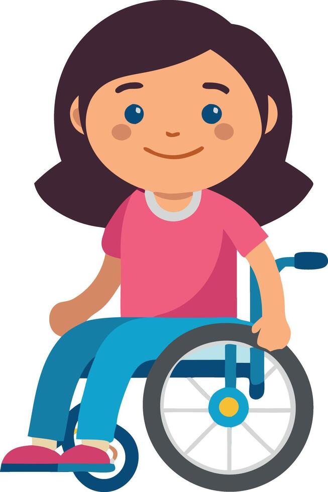 Illustration of a girl in a pink shirt and blue jeans sitting in a wheelchair, smiling. This inclusive character promotes diversity and disability awareness. vector