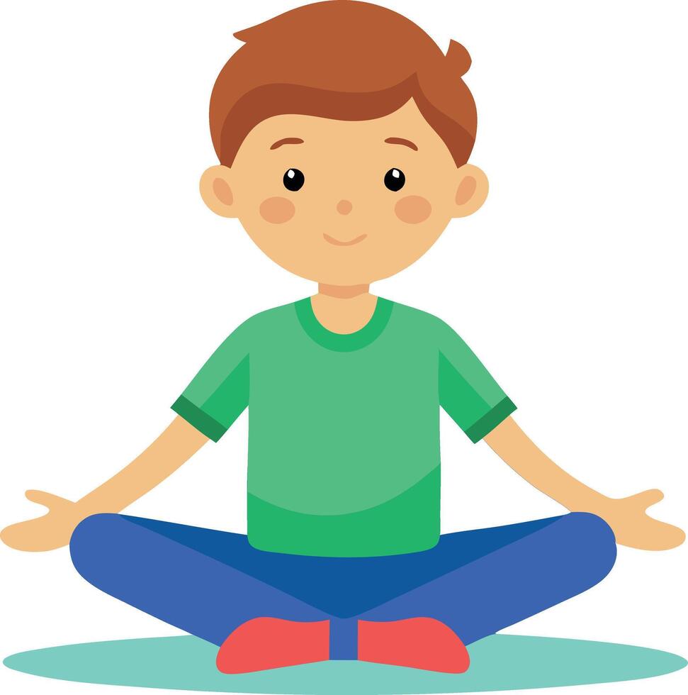 Child meditating, young boy sitting cross-legged in a peaceful and relaxed posture. vector