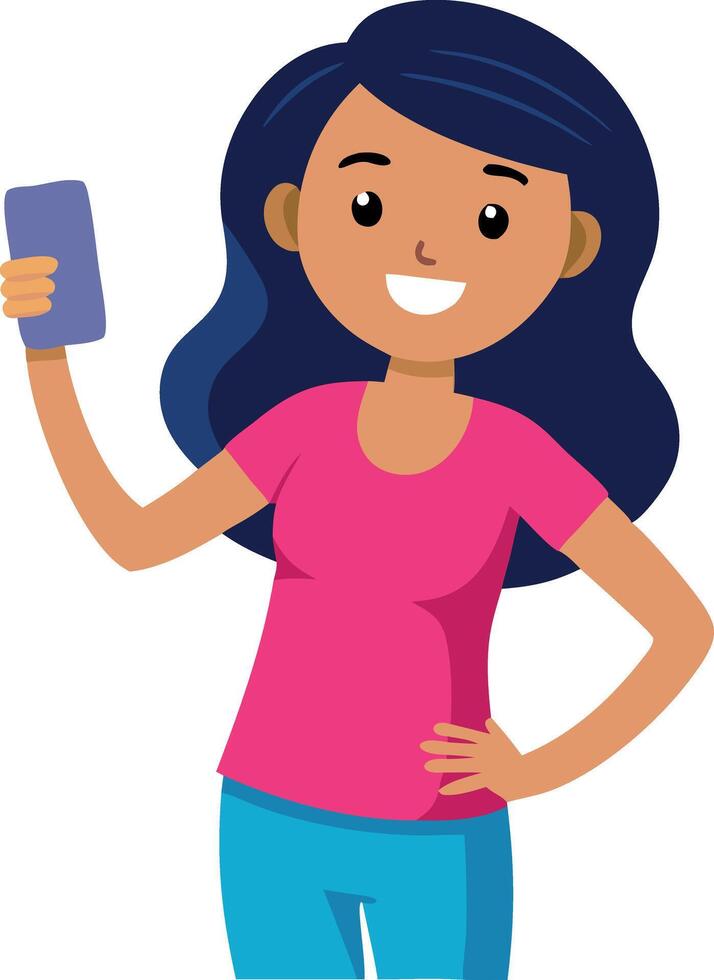 A young woman holding a smartphone and smiling, representing communication and connectivity. vector