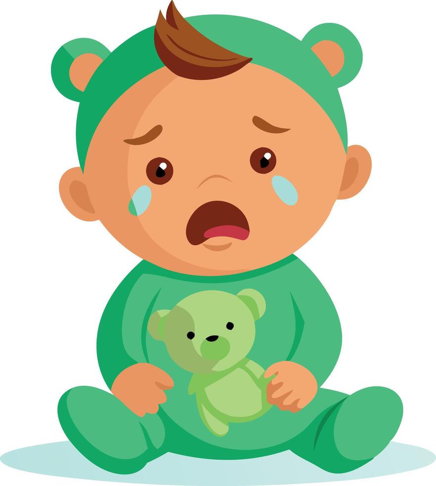 Illustration of a crying baby in a green onesie. Baby crying while sitting on the floor. vector