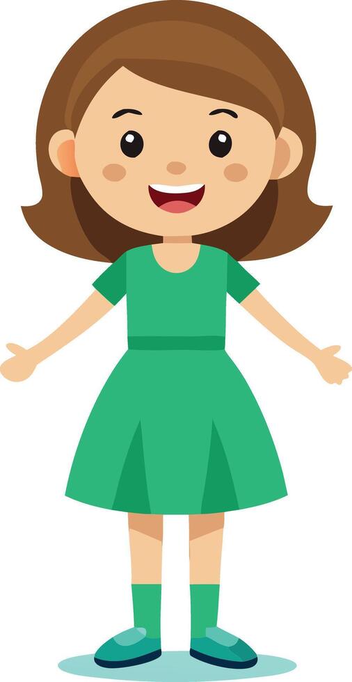 A happy girl in a green dress, smiling and standing upright, symbolizing joy and positivity. vector