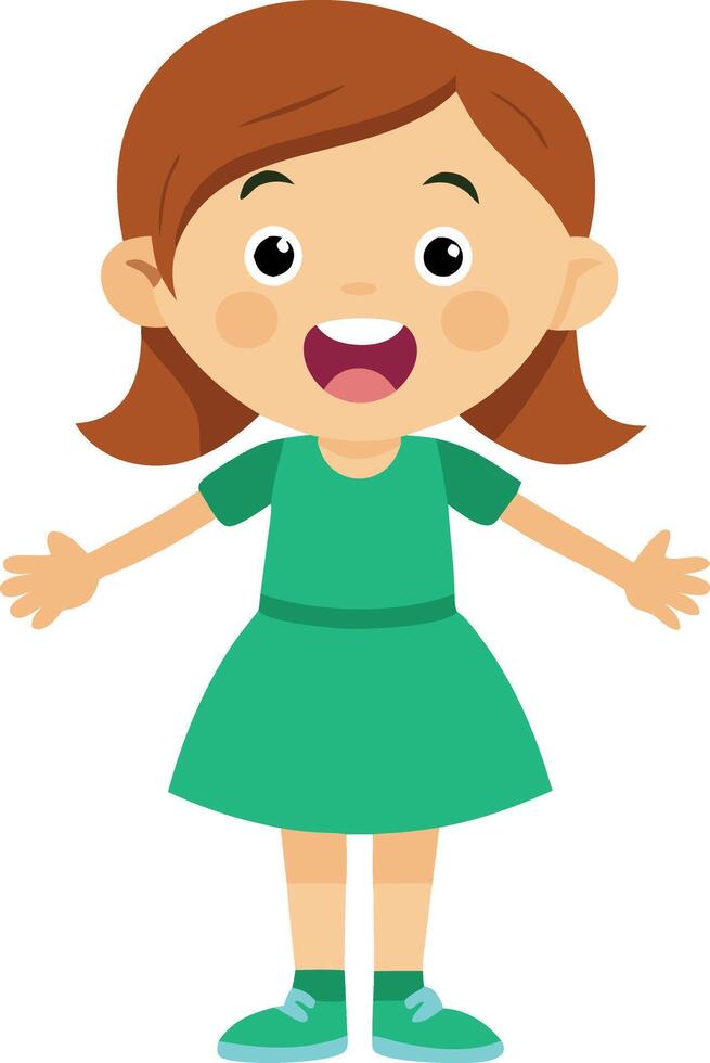 A cute girl in a green dress, smiling and standing with arms open, representing happiness and innocence. vector