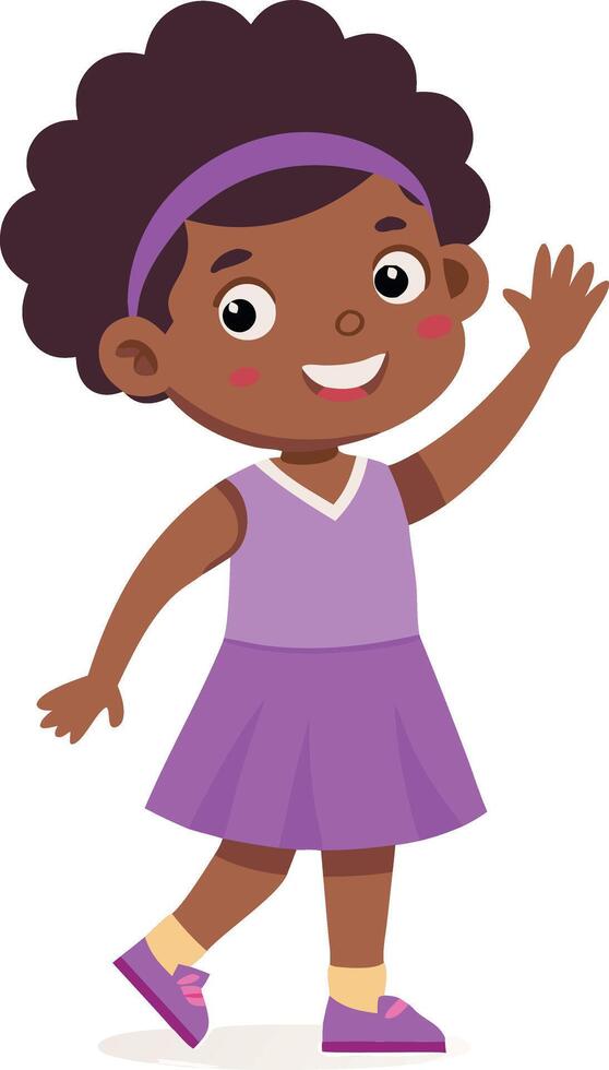 A delightful illustration of a child waving while wearing a purple dress. The child has a happy expression, making this image perfect for children's books, greeting cards, and educational materials. vector