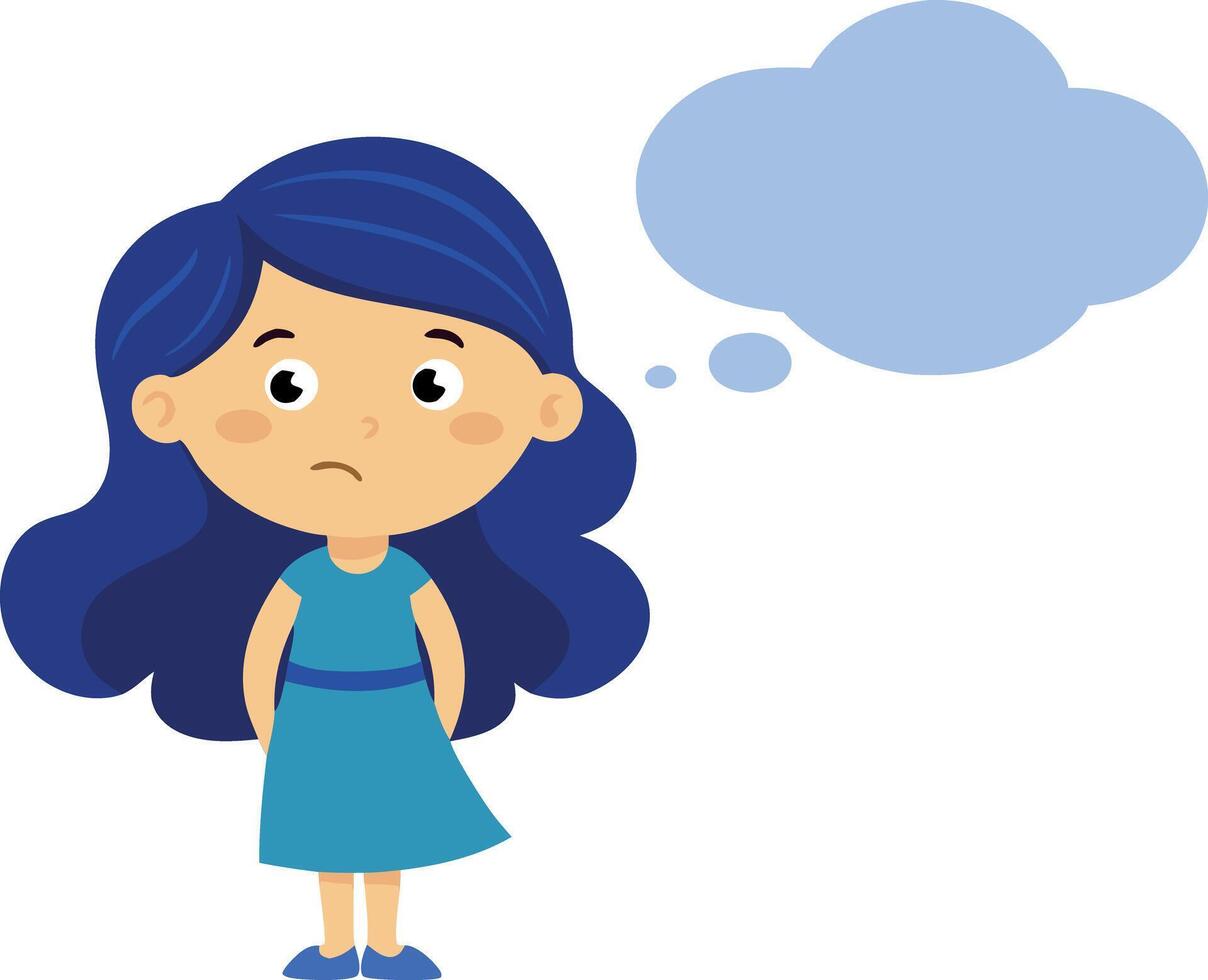 Illustration of a young girl thinking with a thought bubble above her head, expressing contemplation vector