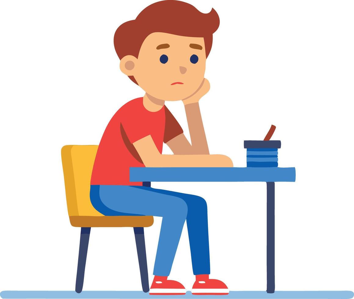 Young boy studying at a desk with a book and pencil, preparing for an exam or doing homework. vector