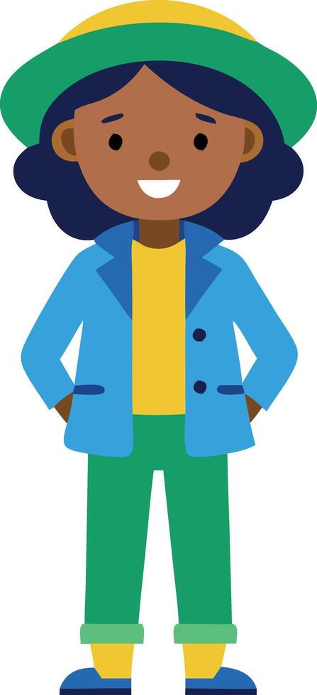 Illustration of a smiling child standing confidently, dressed in casual clothing with a cap, showing a sense of independence. vector