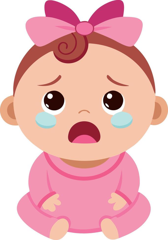 Illustration of a crying baby with a bow on its head, expressing sadness and emotion. vector
