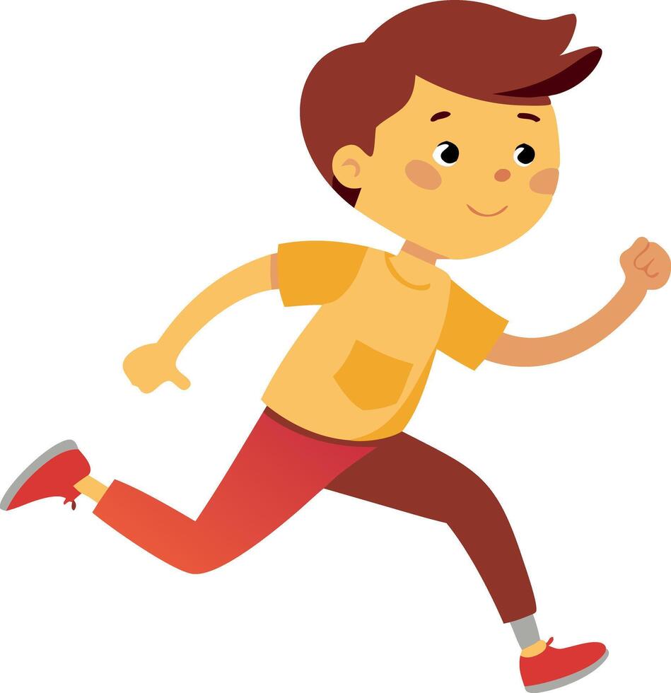 Cartoon illustration of a boy running with a determined expression, wearing a yellow shirt and red pants. vector