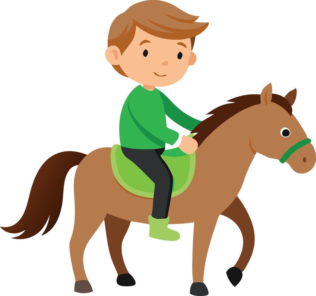 Young boy sitting on a horse ready for a ride. Enjoying horseback riding in nature. vector