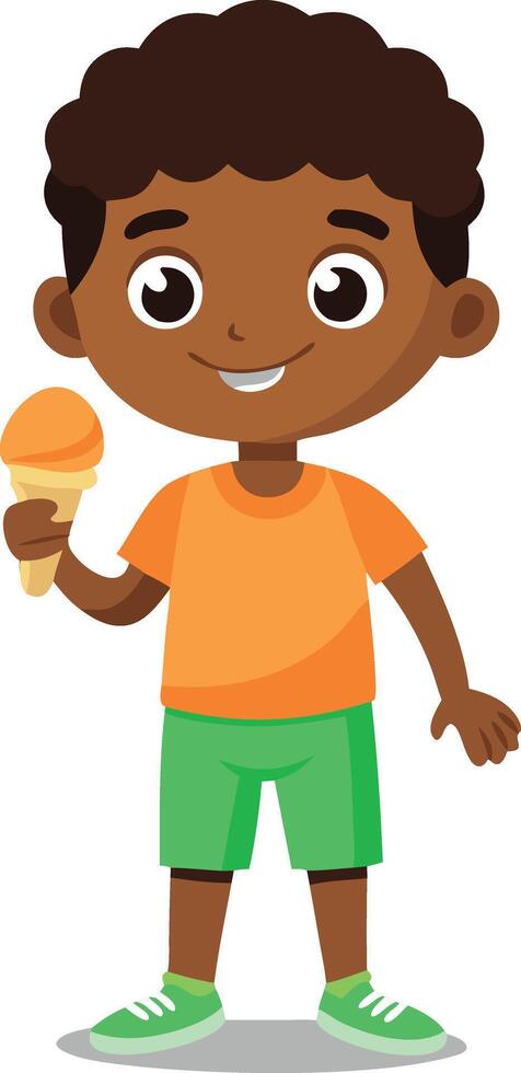 Happy young boy holding ice cream. Suitable for illustrating joy, treats, and childhood delight. Bright and cheerful illustration of a child enjoying ice cream. vector