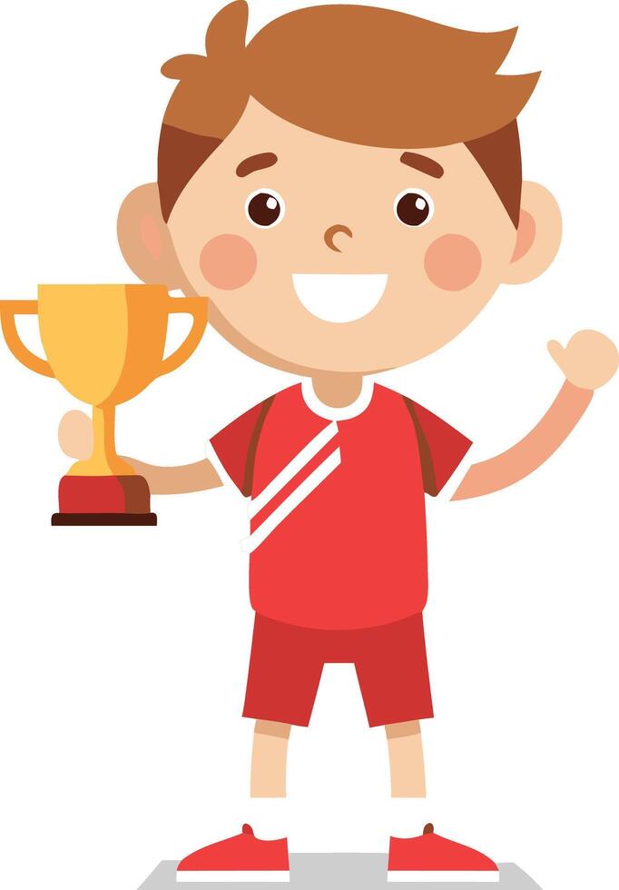 Young boy raising a trophy in celebration. Proud moment of winning a competition or award. vector