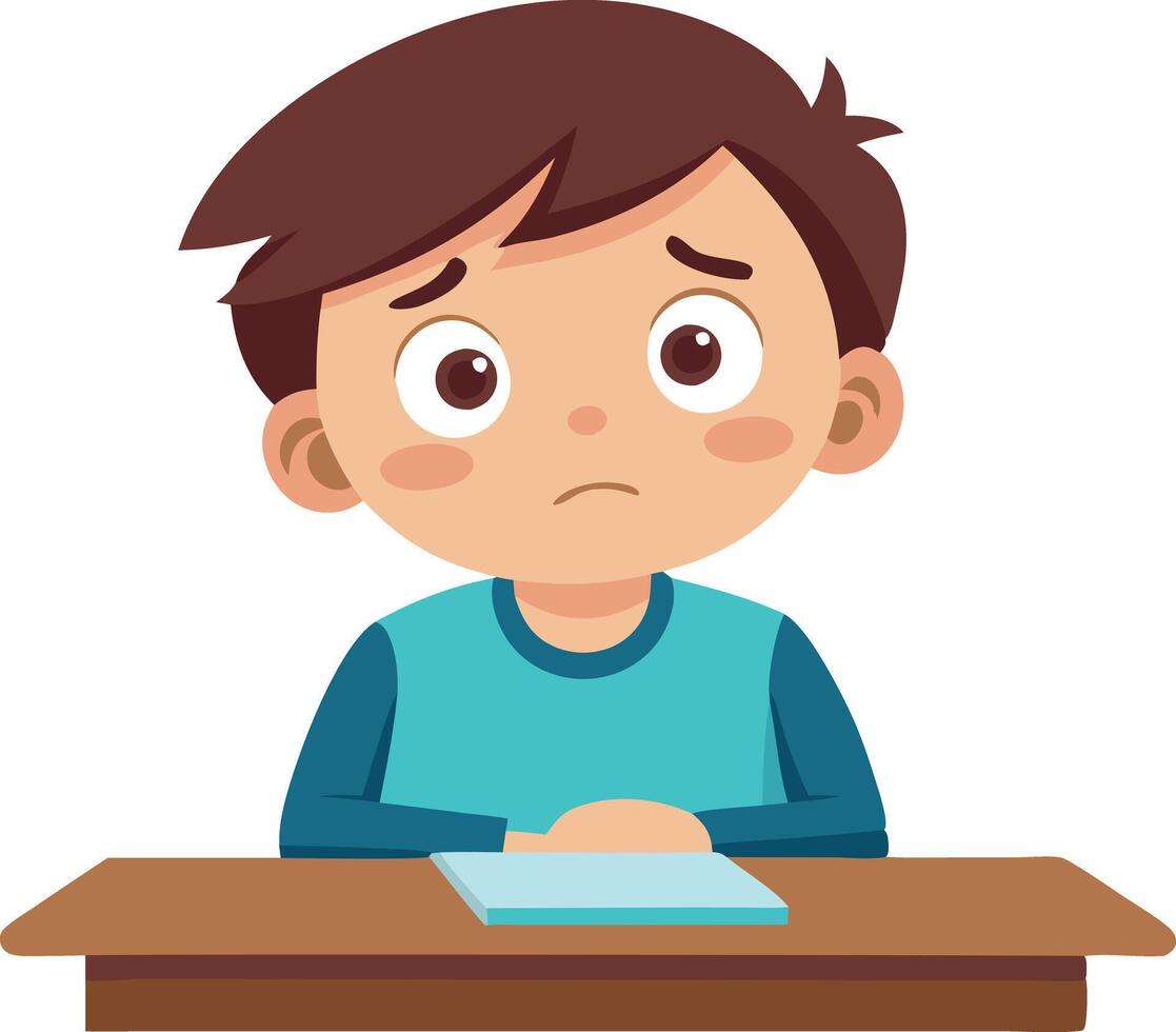 A worried young boy sitting at a desk, looking stressed and anxious. vector