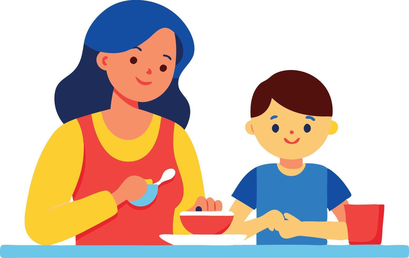 A mother and son enjoying a healthy meal together, highlighting family bonding and nutrition. A mother and son enjoying a healthy meal together. vector