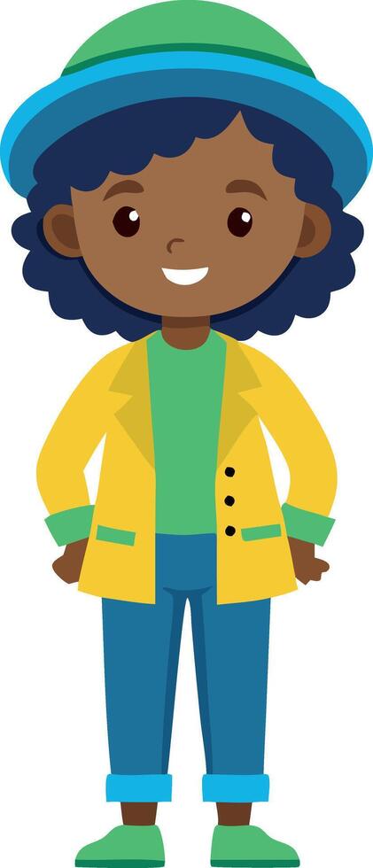 Illustration of a joyful child in casual wear, wearing a cap, ready for an adventure or playful activities. vector