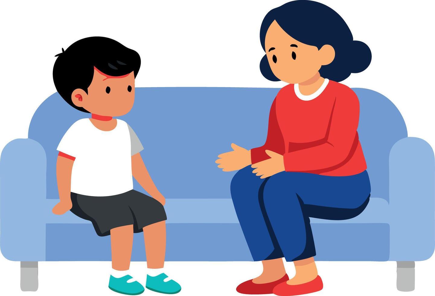 Illustration of a child and mother talking on a sofa. Child and mother engaging in a conversation on a sofa. vector