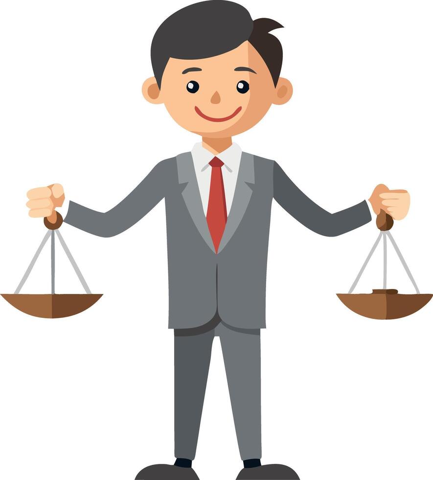 A businessman in a suit holding scales, representing balance and justice. Ideal for concepts of law, justice, fairness, and legal services. vector
