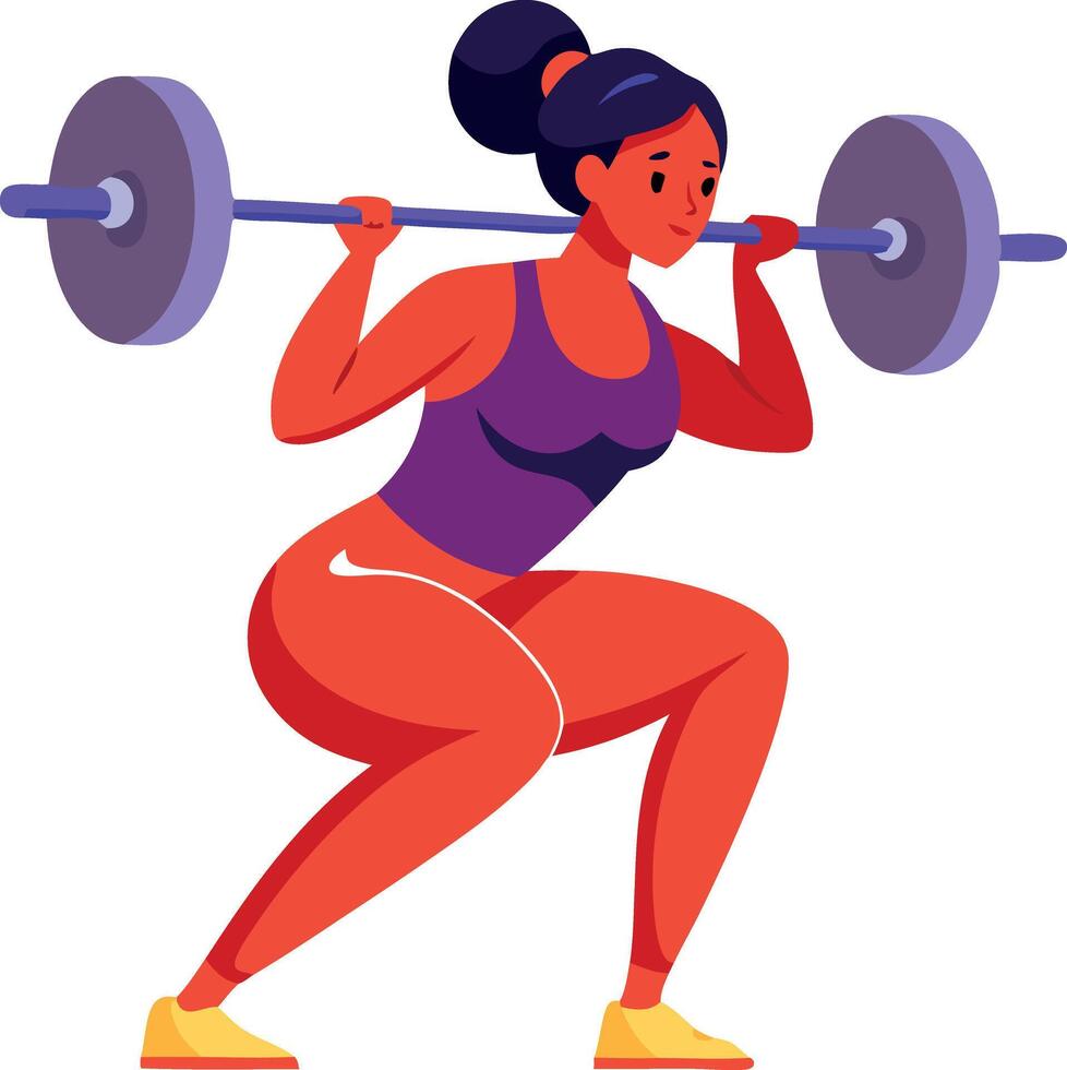 A woman lifting weights in a squat position. She is wearing gym clothes, demonstrating strength and power, isolated on white background. vector