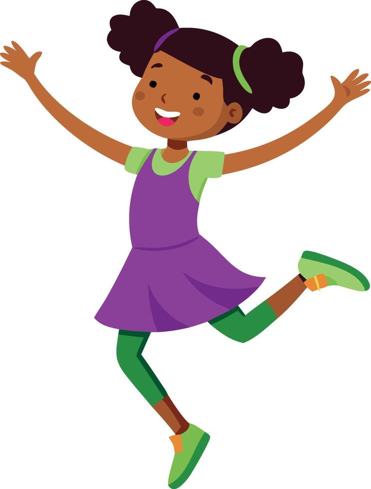 Illustration of a happy girl dancing, wearing a purple dress, expressing joy and freedom through movement. vector