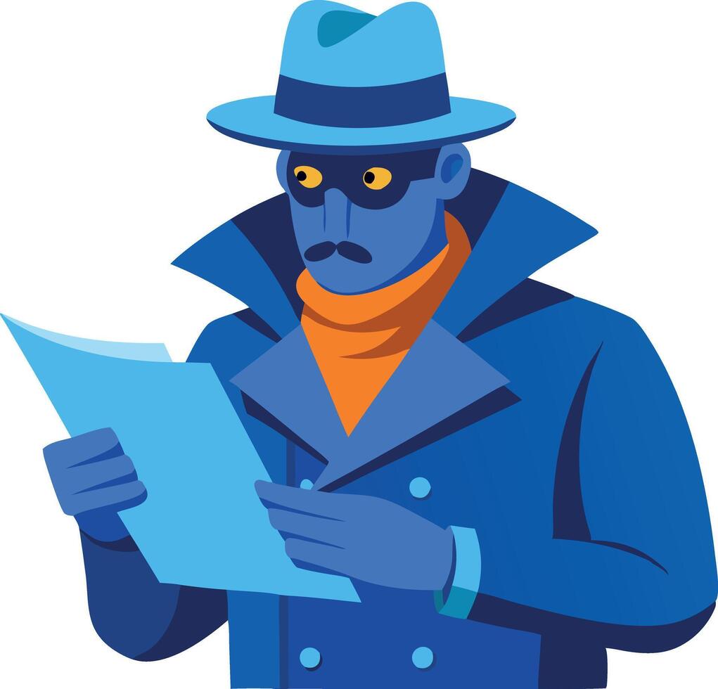 Illustration of a detective holding a document and looking suspicious. vector