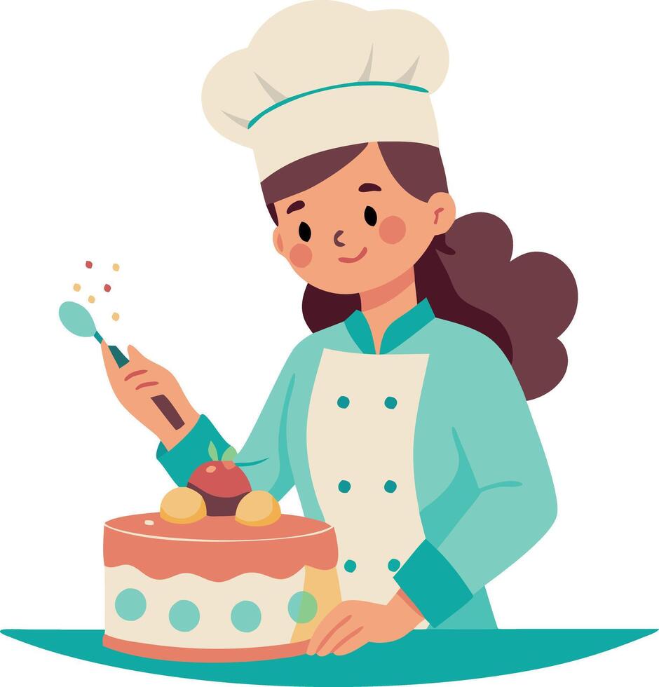 Illustration of a female chef decorating a cake. vector
