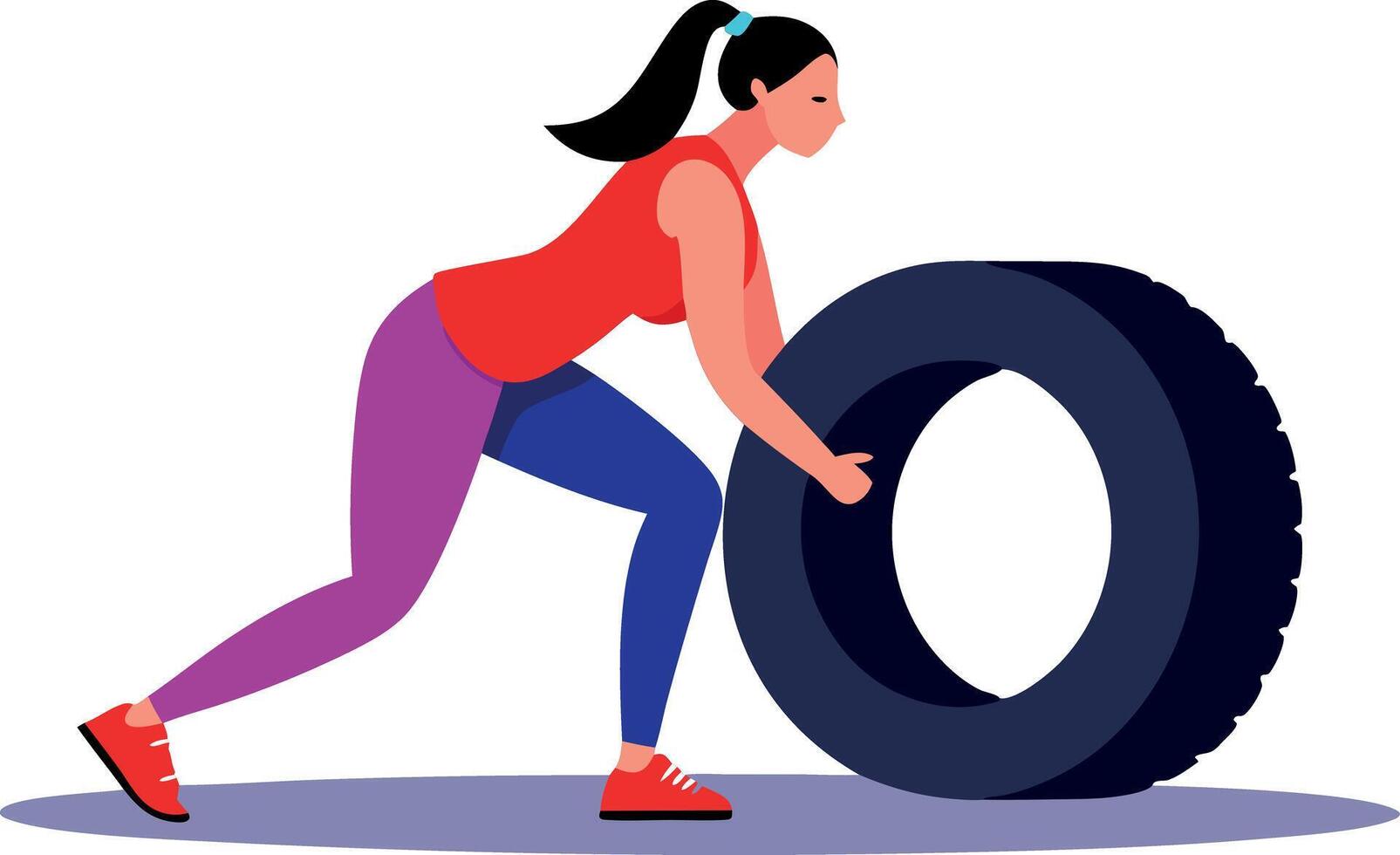 Illustration of a woman pushing a large tire as part of her exercise routine. vector