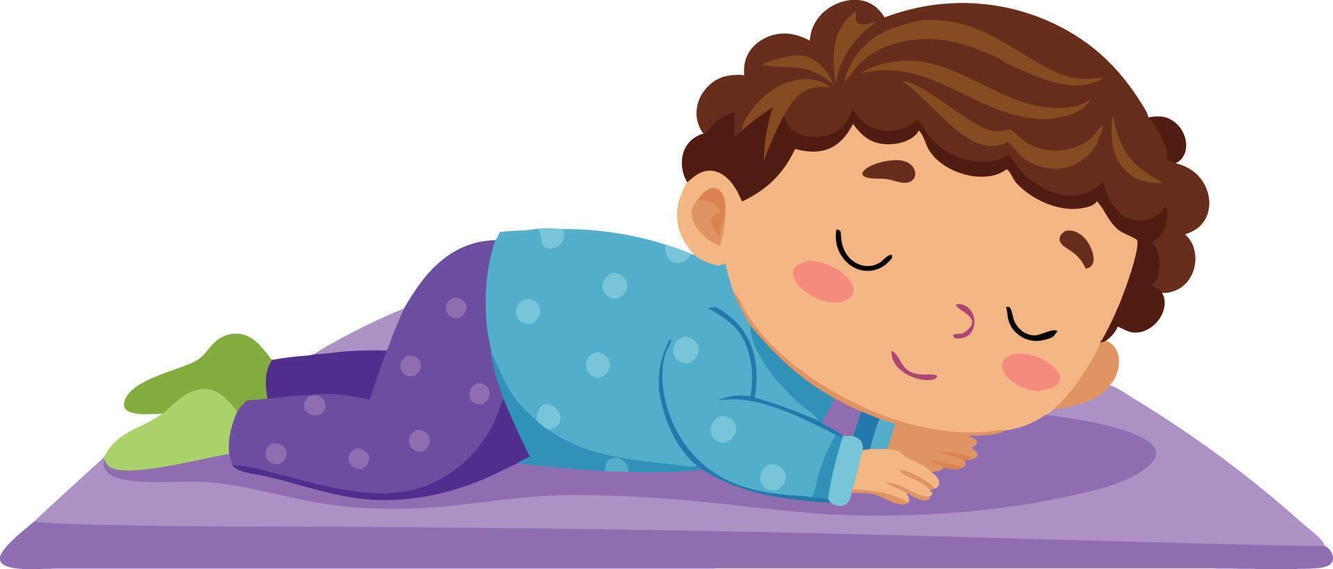 A young child peacefully sleeping on a purple mat, looking calm and comfortable. vector
