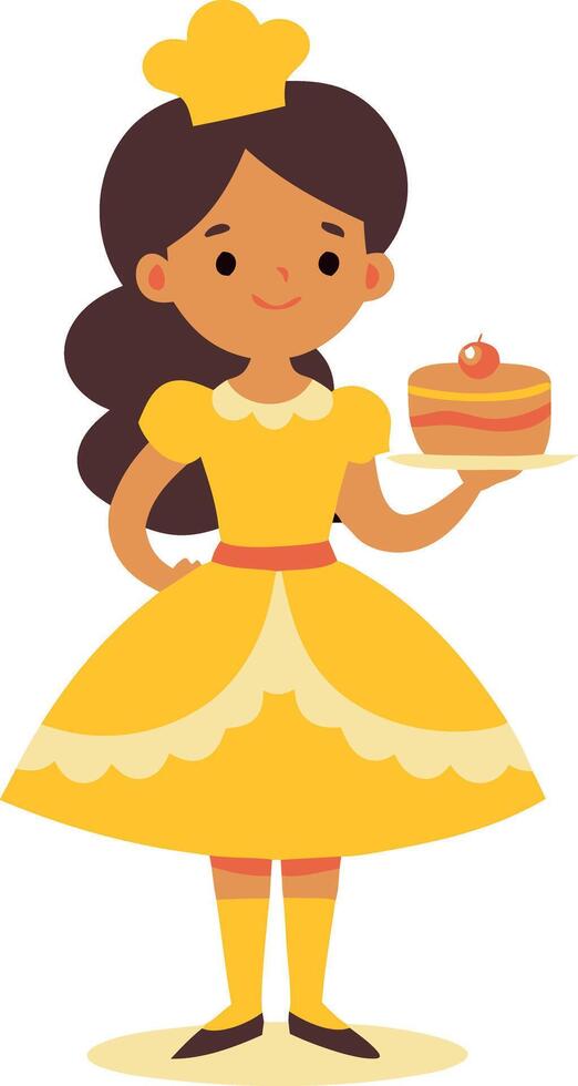 Illustration of a girl in a yellow dress holding a cake, smiling and standing happily. This cute character is perfect for birthday and celebration themes. vector