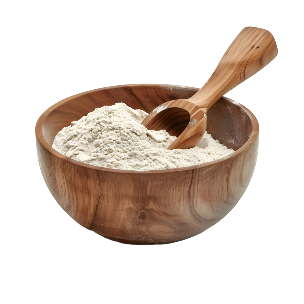 A wooden bowl filled with flour and a spoon isolated png